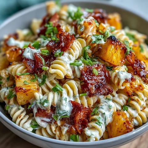 Creamy ranch-coated Hawaiian pasta salad featuring diced ham, sweet pineapple, and crisp vegetables in every bite.  