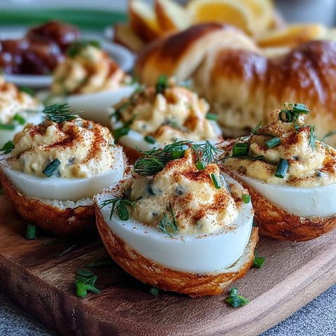 Festive Easter brunch board with deviled eggs, fresh fruit, and assorted pastries, perfect for holiday gatherings.  