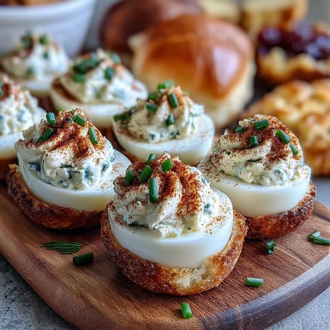 Colorful Easter brunch platter featuring classic deviled eggs, seasonal berries, and mini croissants for a sweet and savory spread.  