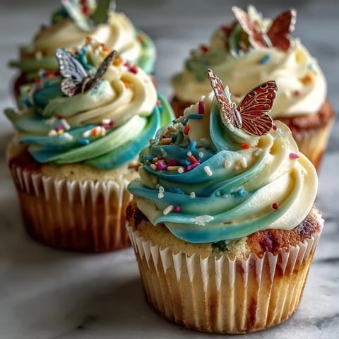 Delicate vanilla cupcakes topped with pastel butterfly buttercream and edible butterfly decorations for spring.  