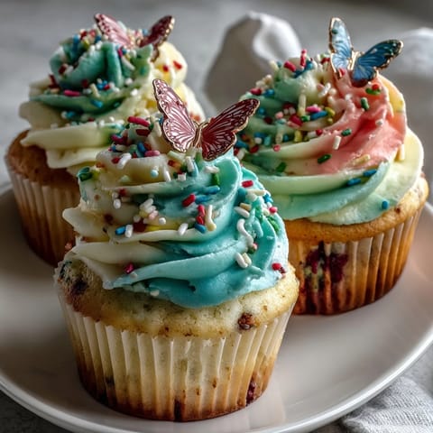 Soft vanilla cupcakes swirled with pastel buttercream in pink, yellow, green, blue, and purple hues.  