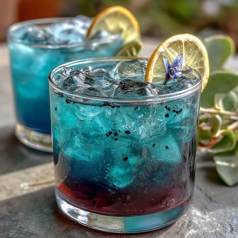 Magical color-changing lemonade made with butterfly pea flowers, lemon juice, and sugar, creating a stunning blue-to-purple transformation.