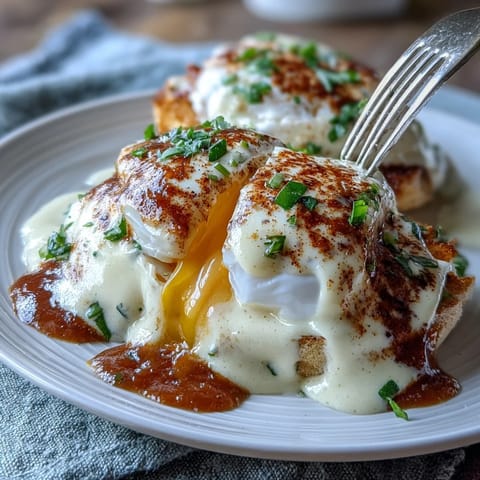 Silky Blender Hollandaise Sauce drizzled over perfectly poached eggs and toasted English muffins, creating a rich and indulgent breakfast classic.