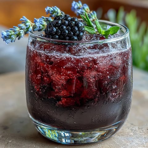 Vibrant Blackberry Lavender Lemonade Fizz garnished with fresh berries, lemon.
