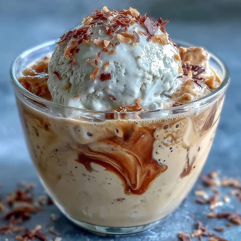Creamy coconut cold brew float with melting vanilla bean ice cream, topped with coconut.