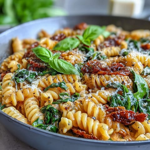 Rich and aromatic One-Pot Tuscan Pasta featuring tender penne, baby spinach, and Parmesan in a silky cream sauce.