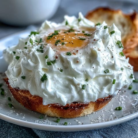 Fluffy cloud eggs with perfectly set golden yolks, baked to airy perfection for a light and stunning breakfast.
