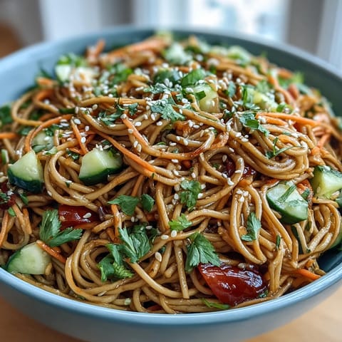 Cold soba noodle salad with sesame ginger dressing, vibrant with fresh crisp vegetables.