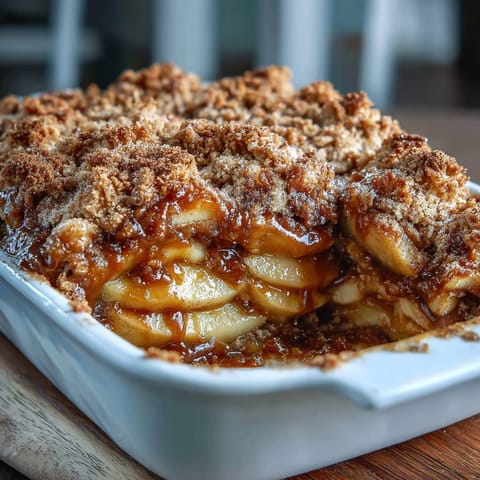 Golden whiskey caramel apple crisp bubbling, ready for serving.