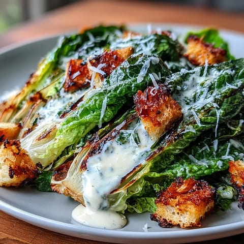 Warm, tender grilled Caesar salad topped with crunchy croutons and Parmesan cheese.