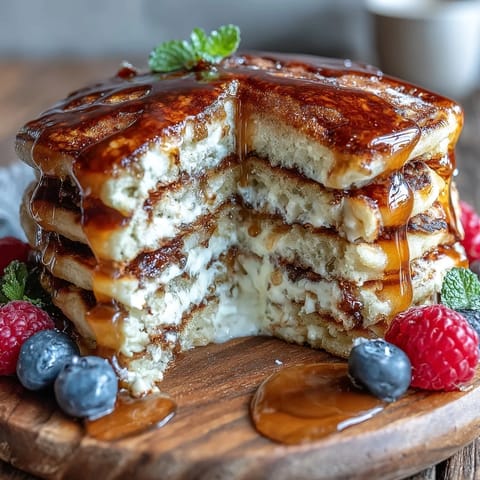 Golden brown Icelandic Skyr Pancakes, fluffy and perfect stacked with berries.