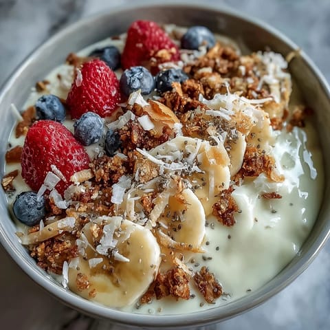 Thick Icelandic Skyr Protein Smoothie Bowl topped with fresh berries and crunchy granola.