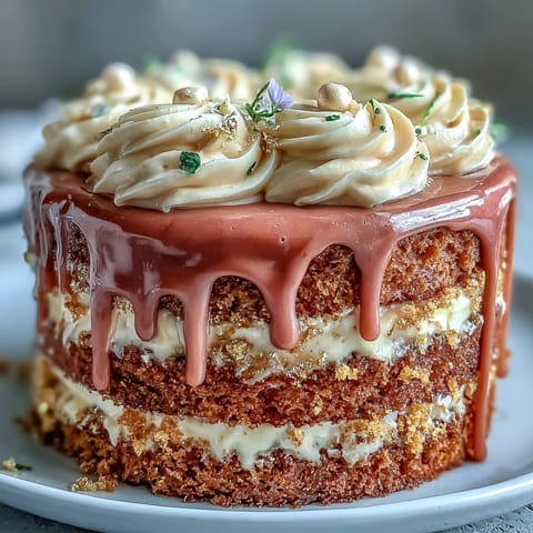 Blush pink Rosé Velvet Cake, frosted and drizzled, ready for celebration.