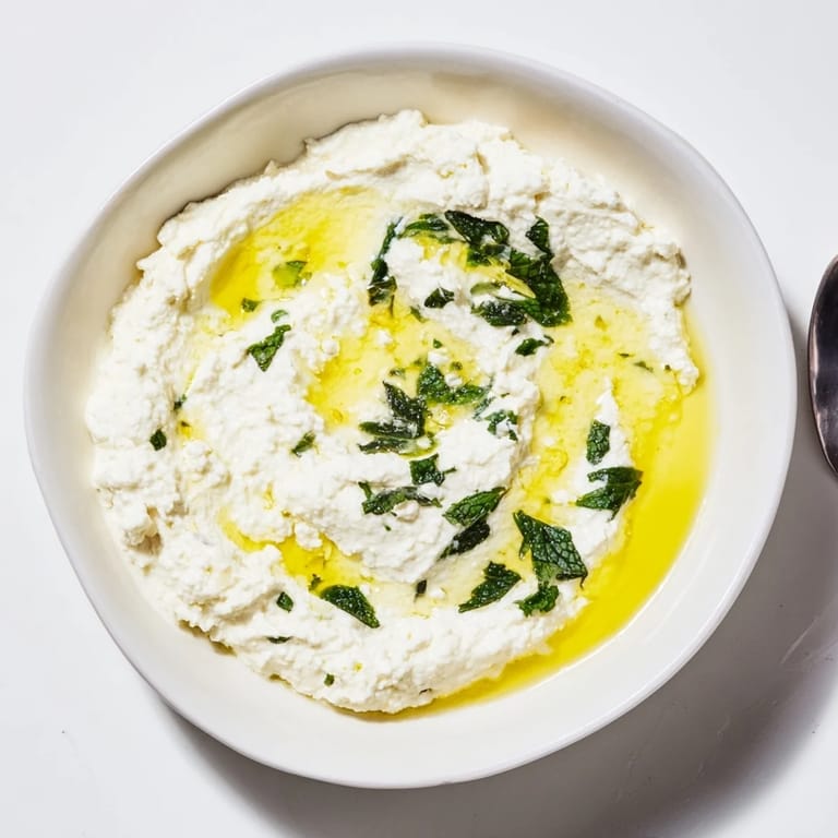 A close-up of a bowl of whipped feta dip; bright lemon-mint drizzle complements the creamy texture.