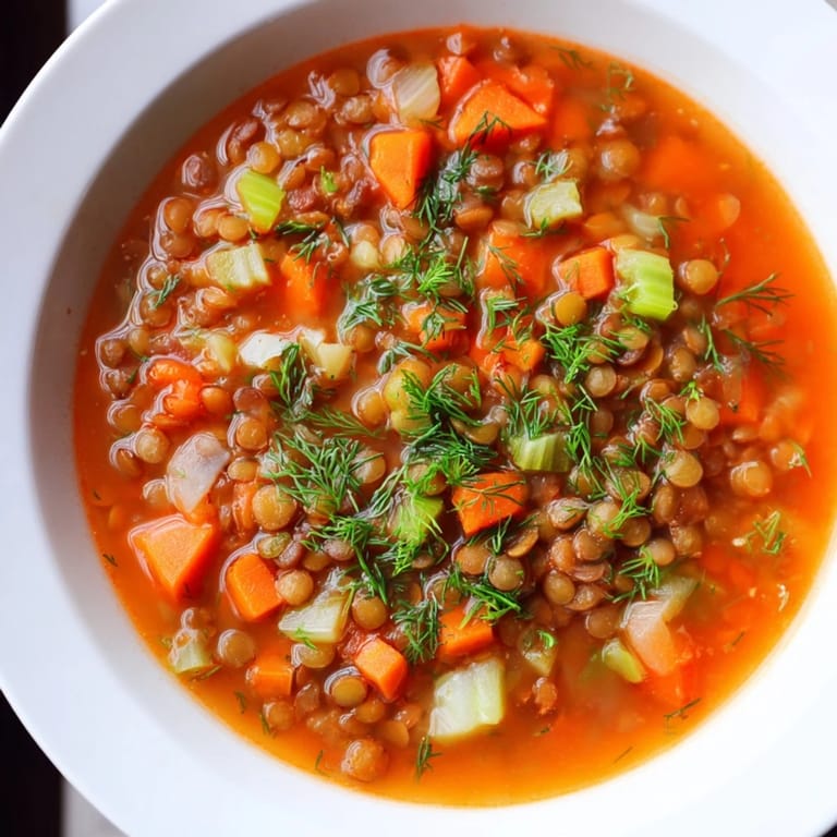 Hearty Classic Lentil and Herb Soup, garnished with fresh parsley and ready to be served.