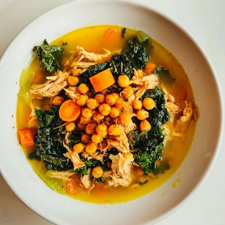 A close-up view of the Chicken Kale Soup, garnished with crispy chickpeas and ready to enjoy on a cold day.