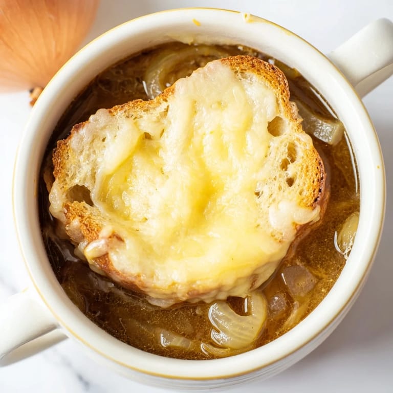 Caramelized onions simmer in broth, forming a rich base for this simple Effortless 4-Ingredient French Onion Soup.