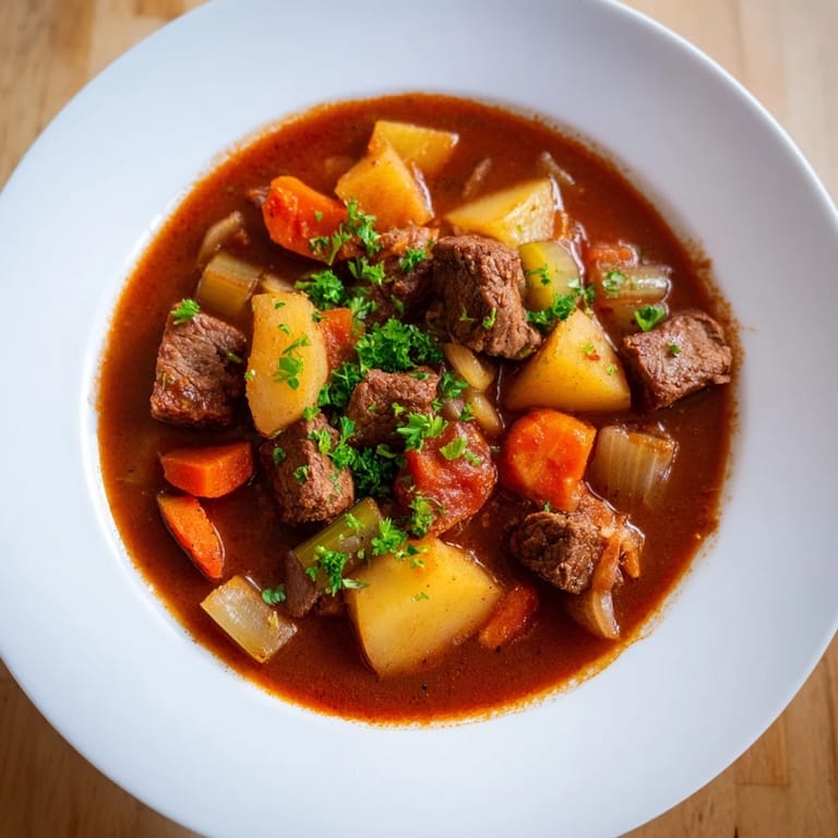 A steaming bowl of comforting Smoked Paprika & Garlic Beef Stew, showcasing tender beef and hearty vegetables.