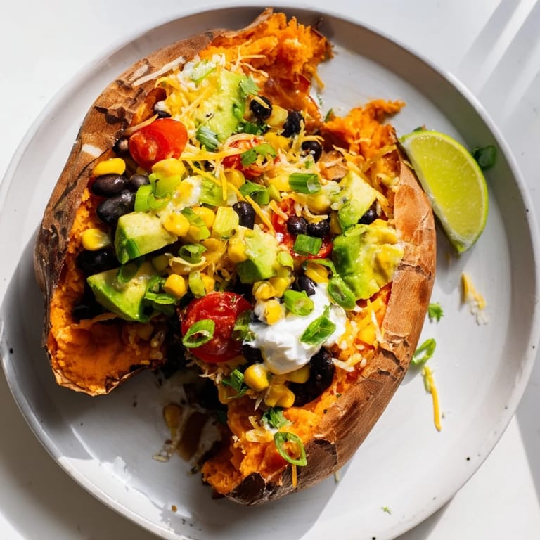 A visually appealing image of a Loaded Baked Sweet Potato, bursting with colorful, fresh toppings, ready to eat.