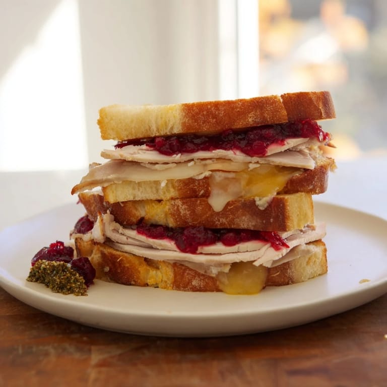 A close-up of a delightful Pesto Cranberry Turkey Grilled Cheese Melt, showing melted cheese and crispy bread.