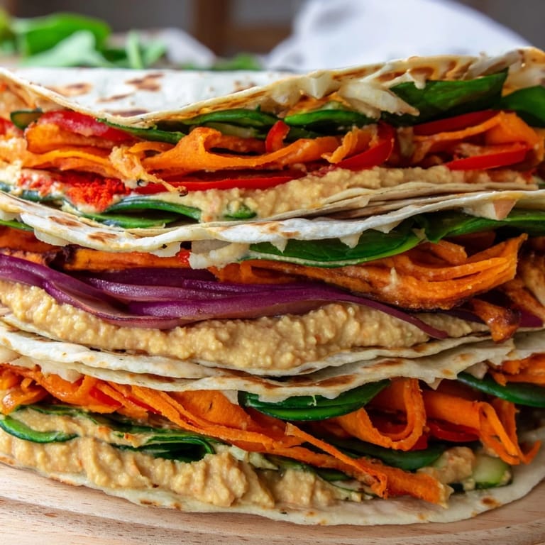 Enjoy a delicious Snowflake Hummus & Roasted Veggie Wrap: a vegan-friendly, colorful lunch bursting with fresh flavors.