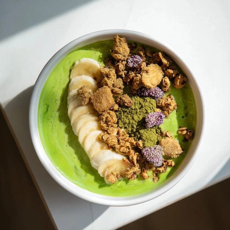 A creamy Gingerbread Cookie Matcha Breakfast Smoothie Bowl topped with candied ginger and cookie crumbles.