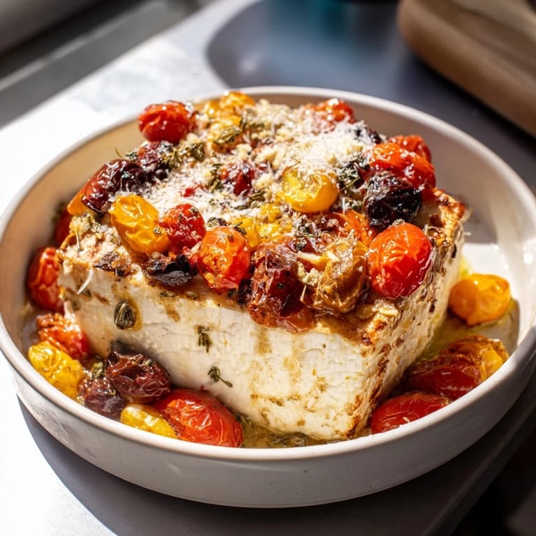 Vibrant baked feta snowfall cherry tomato Christmas pasta with golden feta, juicy tomatoes, and herbs.