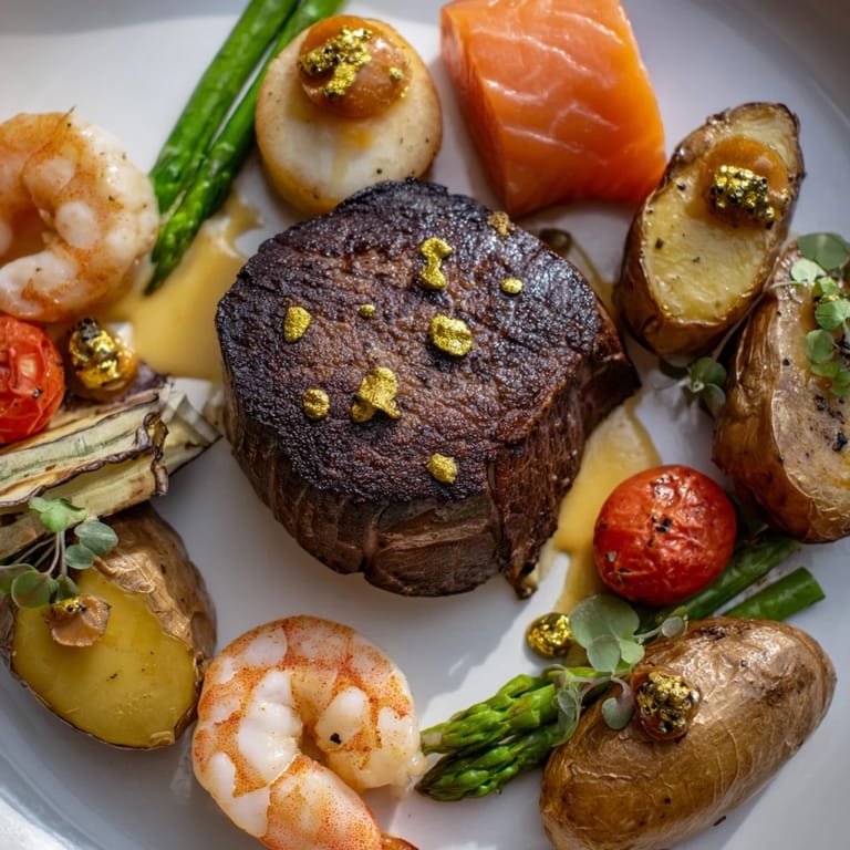 An aerial view of the Golden Heart Luxury Platter displays beautiful colors and textures of gourmet food, perfect for serving.
