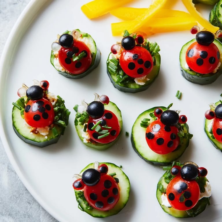 Colorful Ladybug Garden Platter starring mozzarella ‘ladybugs’ on a bed of fresh greens, ready to enjoy.