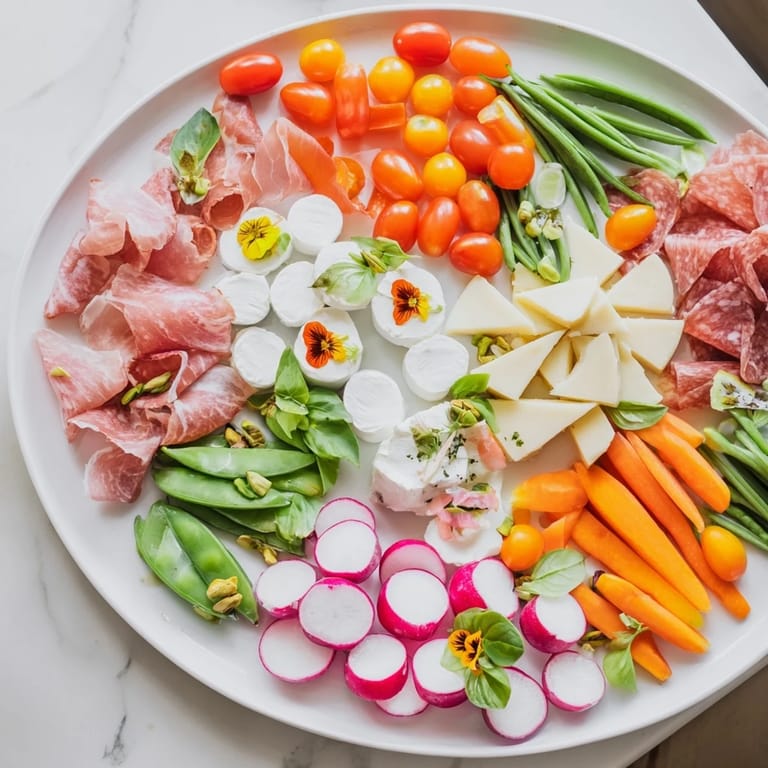 This prepared Dragonfly Dance Appetizer Tray includes varied cheeses, meats, and fresh ingredients on display.