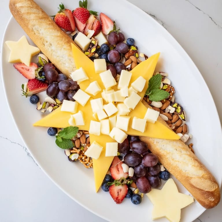 Vibrant Shooting Star Snack Board displays mango stars nestled beside creamy brie cheese and grapes.