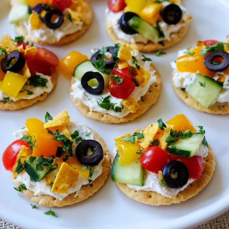 Close-up of savory Gold Medal Olympic Ring Appetizers with black olives, red pepper and cucumber.
