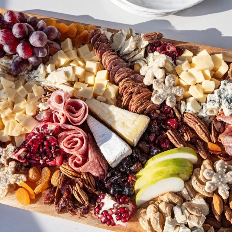 Get inspired by this Shining Bright Christmas 2025 Board; cheeses, meats and fruit on a wooden platter.