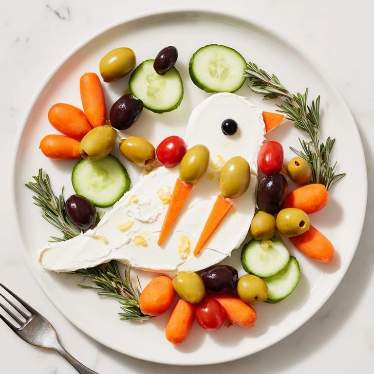 Festive Peace Dove Christmas Olive Platter, featuring a white cheese dove surrounded by colorful olives.