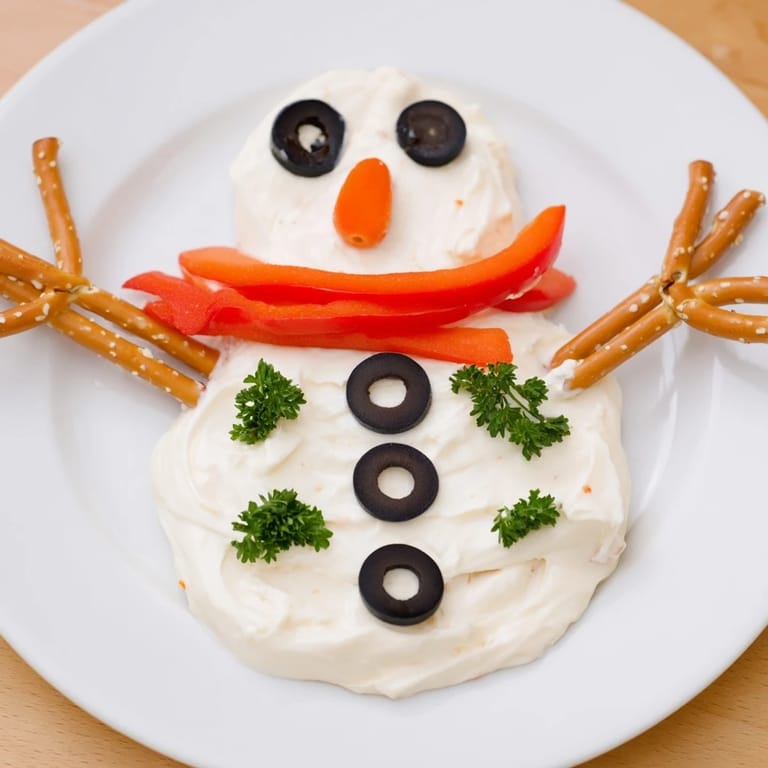A close-up of a whimsical Melted Snowman Dip Bowl, ready to be enjoyed with crackers.