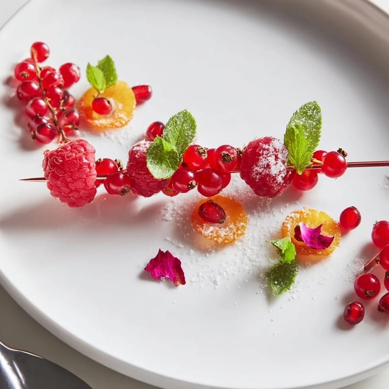 Fresh raspberries and pomegranate seeds crown the Baisers de Minuit: perfect cocktail artistry.