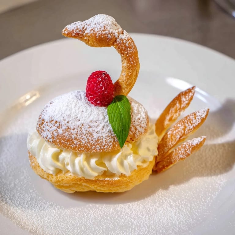 Delicate, airy Plateau Cygne Pâtisseries Aériennes feature crisp pastry swans filled with vanilla cream.