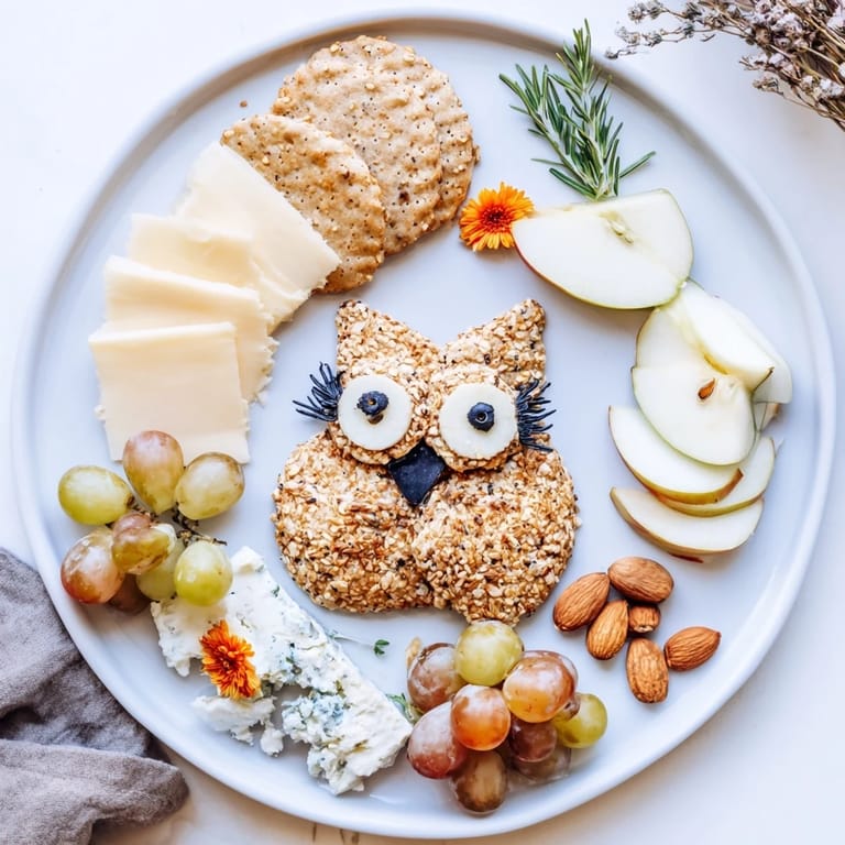 This festive spread features an Owl Cracker and Cheese Board with charming owl-shaped crackers and tasty pairings.