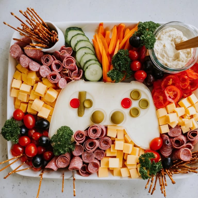 Enjoy the visually stunning Game Night Controller Snack Platter with fresh vegetables, and delicious dipping sauces.