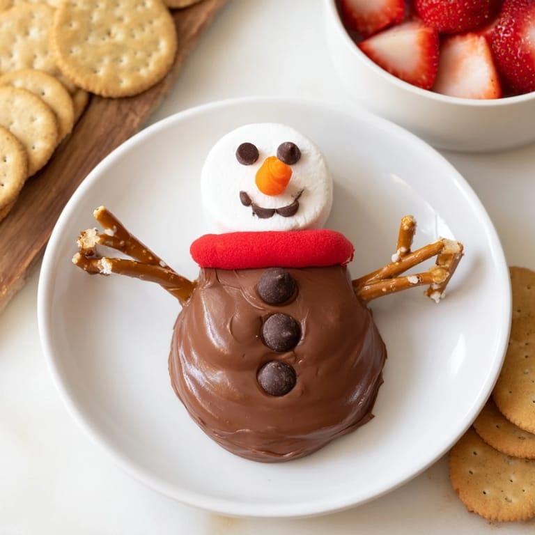 Creative arrangement shows a creamy hot cocoa dip snowman served with dippers like graham crackers and fruit.
