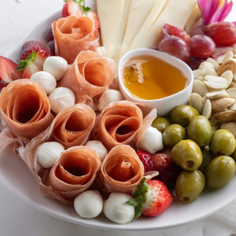 This Prosciutto Rose Bouquet Board, a fantastic appetizer with savory cured meat, is ready for your enjoyment.
