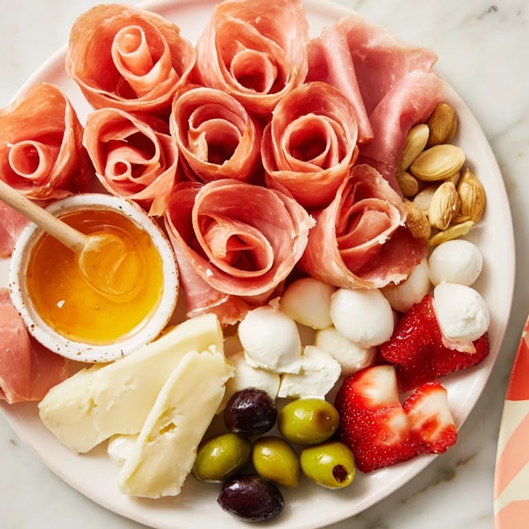 A delicious Prosciutto Rose Bouquet Board with colorful fruits, cheeses, and olives, for a feast of flavors.