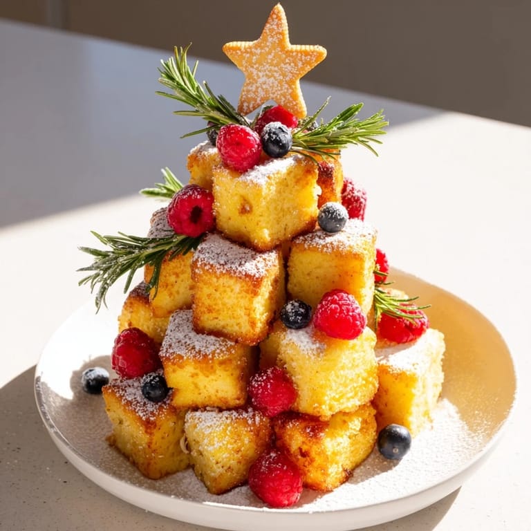 Warm, eggy Eggnog French Toast Bites, beautifully arranged in a tree shape and dusted with powdered sugar.