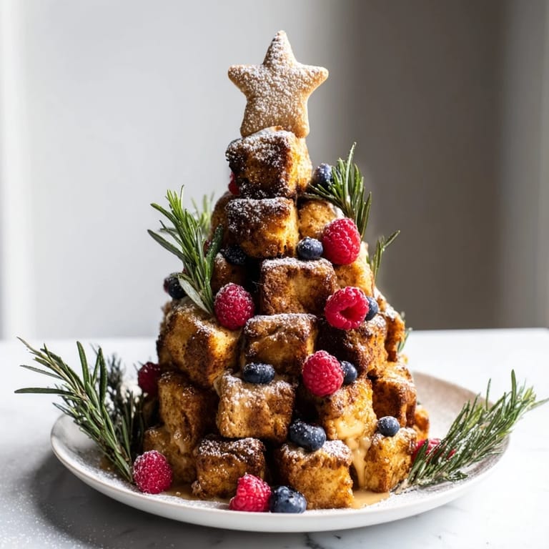 Fragrant, spiced Eggnog French Toast Bites, stacked high and garnished with berries; perfect for sharing.