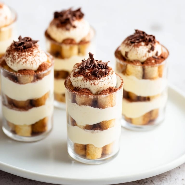 Close-up of decadent Countdown Tiramisu Shots, showing the creamy texture and cocoa dusted layers, ready to enjoy.