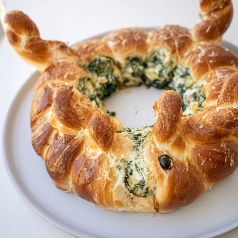 Freshly baked Reindeer Antler Spinach Dip Ring reveals a creamy, herb-filled spinach dip center.