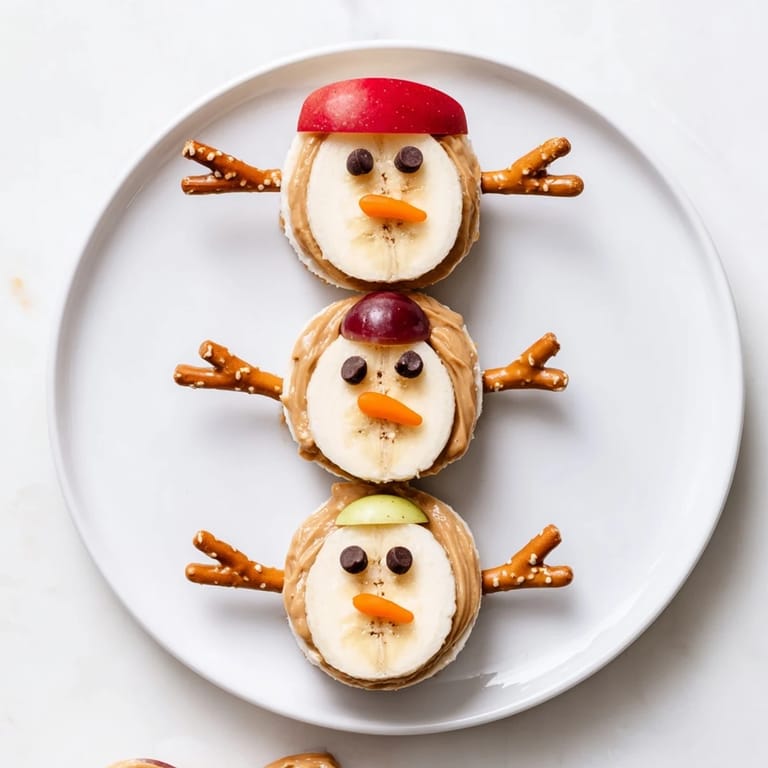 Adorable Banana Peanut Butter Snowmen with chocolate chip eyes and pretzel arms, perfect holiday treats.