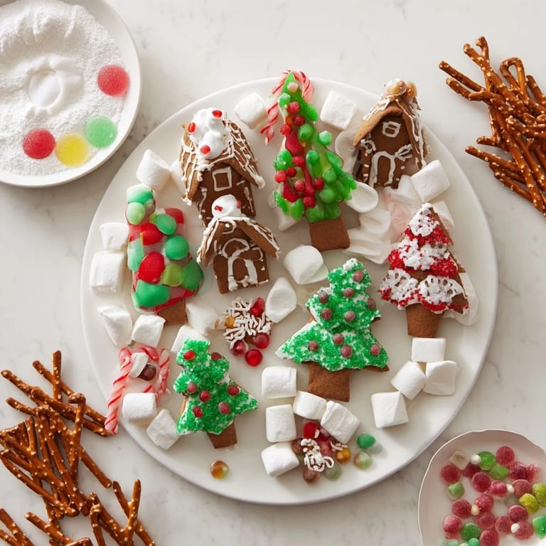 A beautifully arranged sweet board presents the gingerbread village, offering a delicious holiday treat.