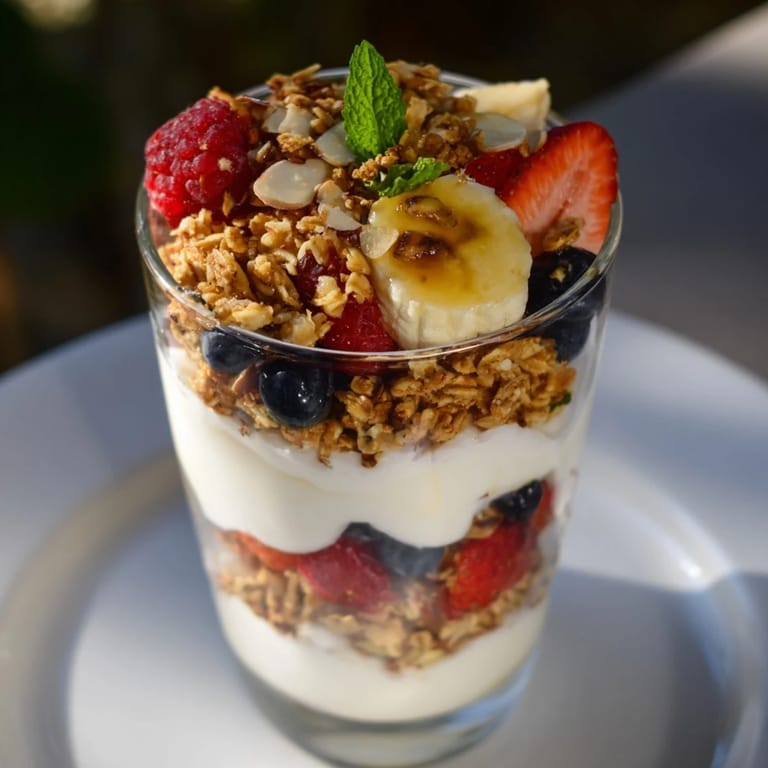 Enjoy the pleasing look of layered yogurt and granola parfait glasses, a healthy breakfast or brunch delight.