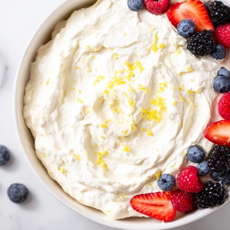 A beautiful, creamy Fluffy Cream Cheese Fruit Dip is surrounded by brightly colored strawberries and blueberries.